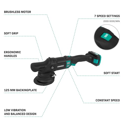 VONROC Polisseuse rotative 20 V Ø125 mm | Moteur Brushless, 7 vitesses, Soft Start | Idéal pour auto, bateaux et mobilie