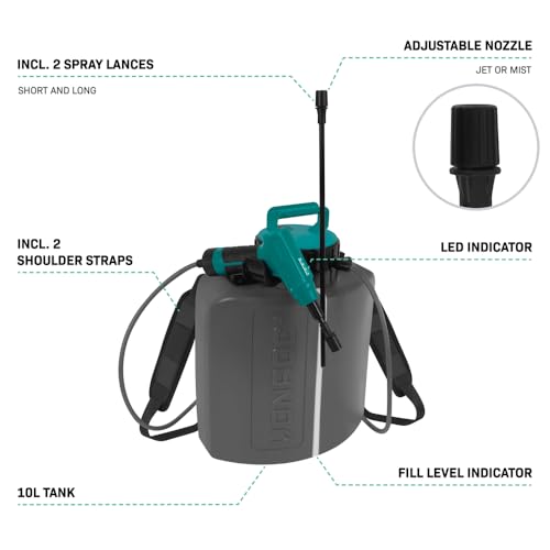VONROC Pulvérisateur Électrique 10L – Batterie 4V Intégrée + Recharge USB-C – Buse Réglable avec 2 Lances, Sangles d'Épa