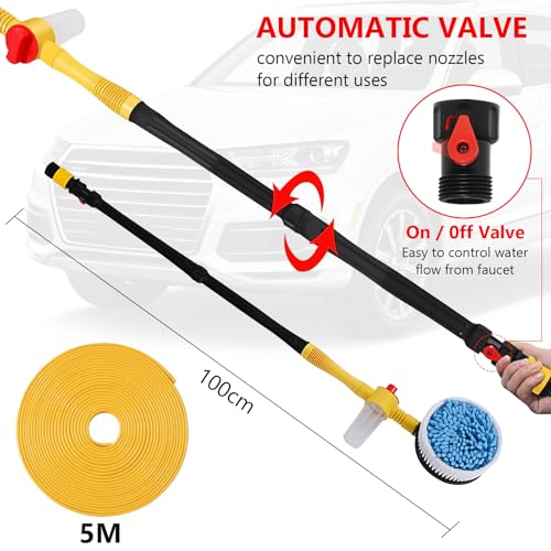 Bocguy Brosse de lavage pour voiture, murs et fenêtres, rotative à 360°, manche télescopique, 5 m de tuyau, pistolets à 