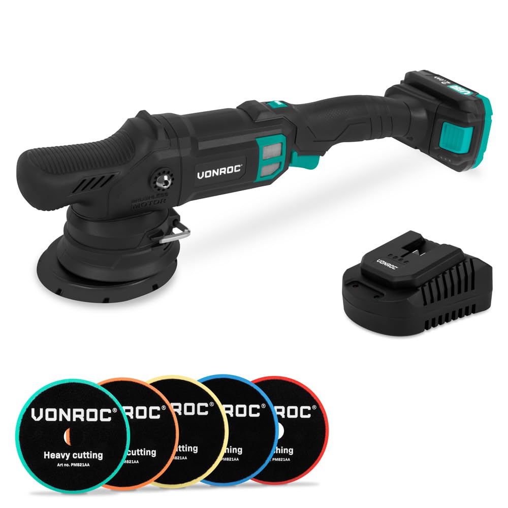 VONROC Polisseuse rotative 20 V Ø125 mm | Moteur Brushless, 7 vitesses, Soft Start | Idéal pour auto, bateaux et mobilie