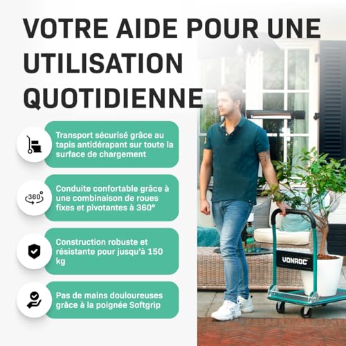 VONROC Chariot Plateforme Pliable 150 kg – Plateau Antidérapant 47×73 cm | 2 Roues Pivotantes à 360° & Poignées Softgrip
