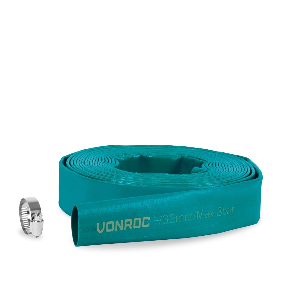 VONROC Kit Tuyau Plat Universel 10m x 32mm - Évacuer l'Eau Polluée - Pression Maximale 8 Bar - Collier de Serrage Inclus
