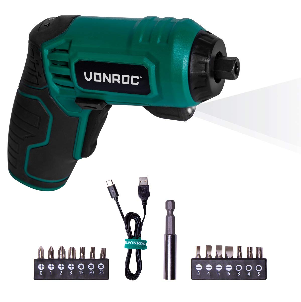 VONROC Tournevis Électrique Sans Fil – Léger et Puissant avec Éclairage LED & Mandrin Magnétique – 5Nm, USB-C, 14 Embout