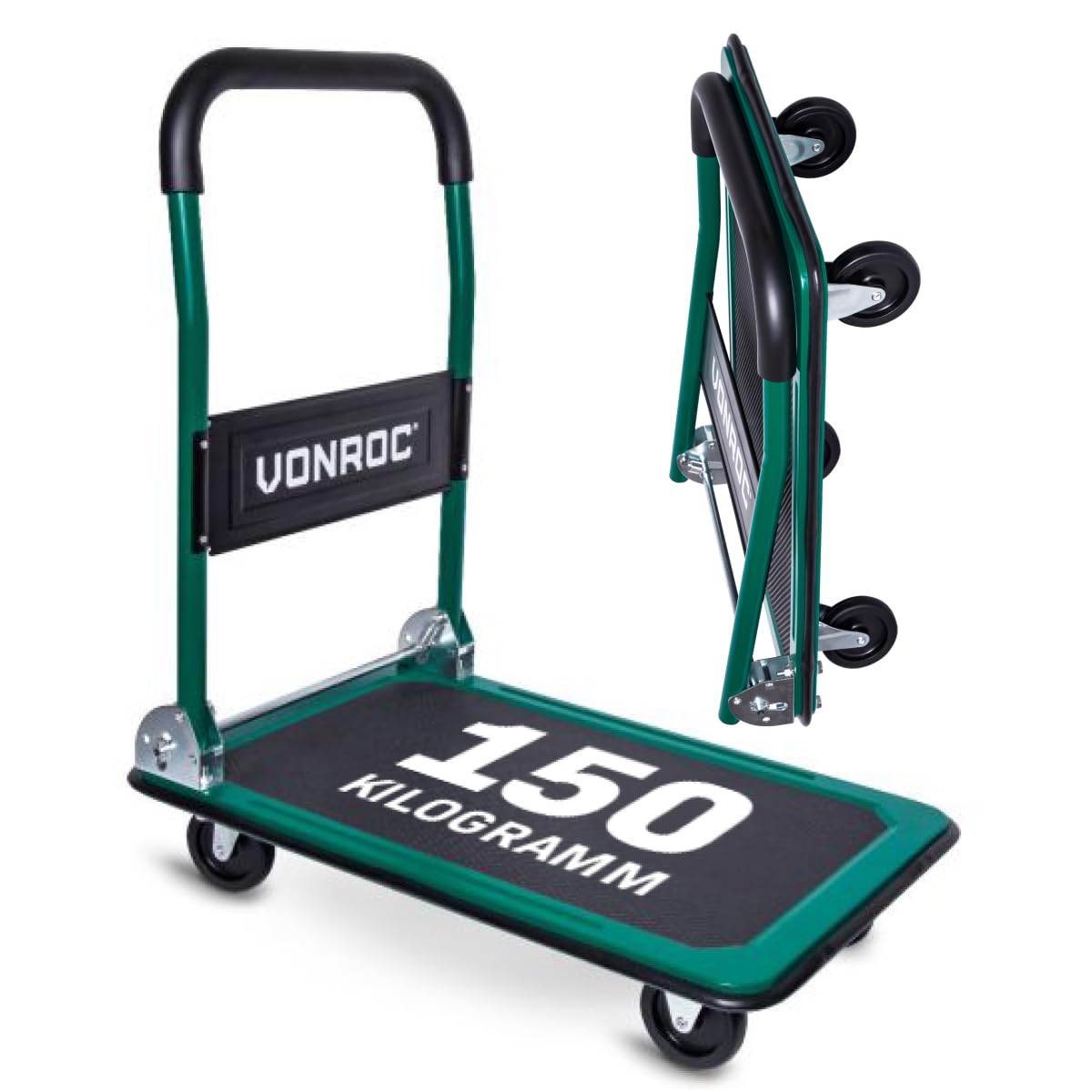 VONROC Chariot Plateforme Pliable 150 kg – Plateau Antidérapant 47×73 cm | 2 Roues Pivotantes à 360° & Poignées Softgrip