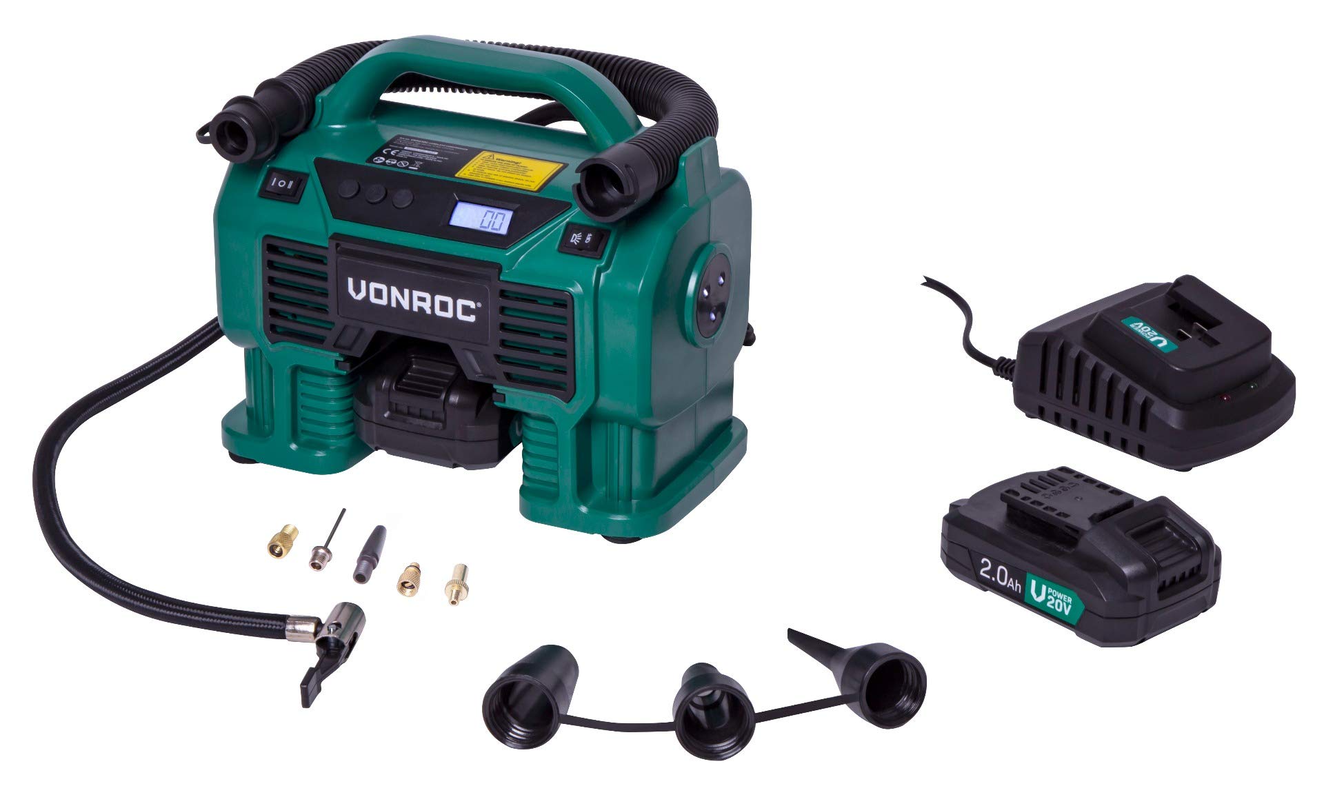 VONROC Compresseur à batterie 11 bar 20V |0Ah 2 Batteries – 12V allume-cigare, 5 adaptateurs + valve + réducteurs – Comp