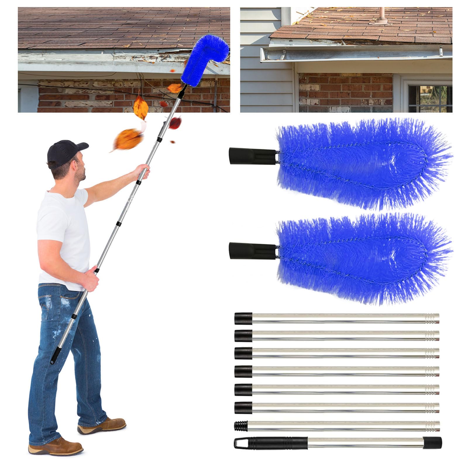 Outil de nettoyage de gouttière télescopique en acier inoxydable extensible, idéal pour nettoyer les feuilles, la neige 