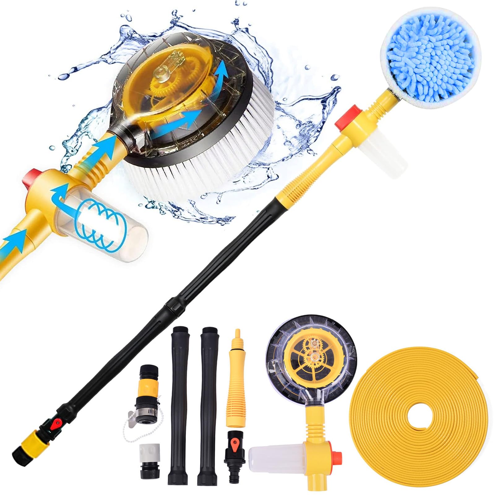 Bocguy Brosse de lavage pour voiture, murs et fenêtres, rotative à 360°, manche télescopique, 5 m de tuyau, pistolets à 