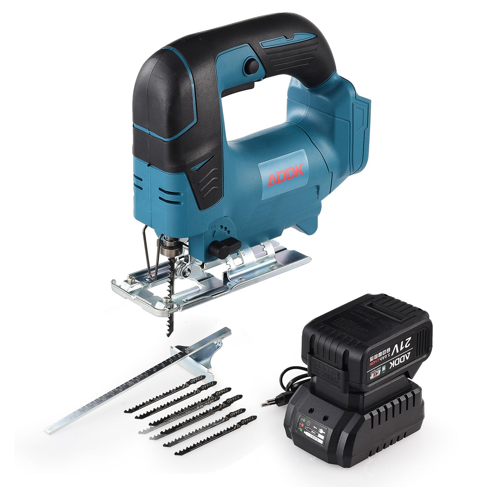 Scie sauteuse sans fil 21 V 2 x |0Ah batteries 5 lames 3 vitesses Coupe Bois Métal